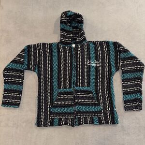 Baja Joe Black Teal Yosemite National Park Boho Surfer Hoodie Men's Size Medium